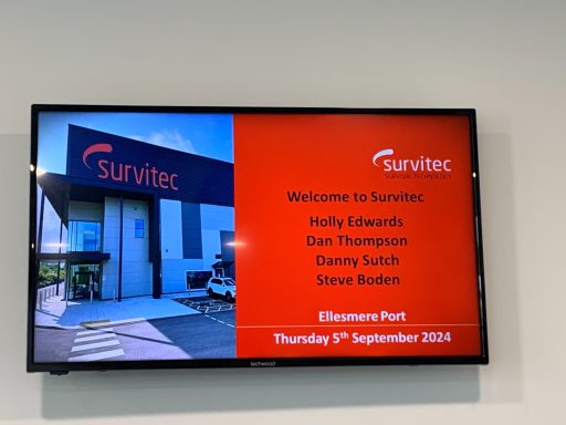 Welcome screen for Survitec with names and event date displayed.
