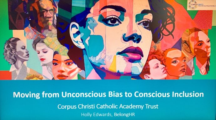 A vibrant collage of diverse faces with the text about inclusion and unconscious bias.