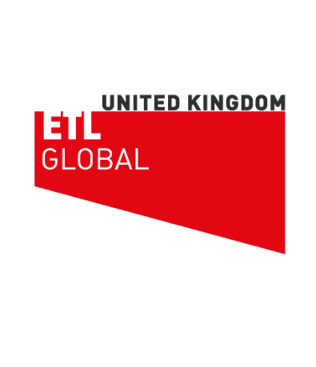 Logo for ETL Global, featuring the text "United Kingdom" and a red triangular design.