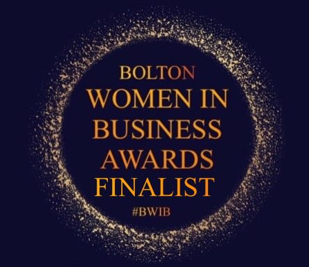 Text reads: "Bolton Women in Business Awards Finalist" with a sparkling gold circle design.