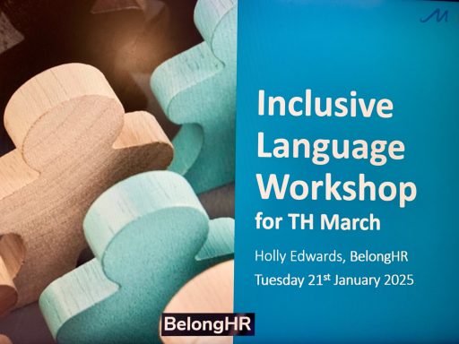 Poster for an inclusive language workshop on 21st January 2025, featuring puzzle pieces.